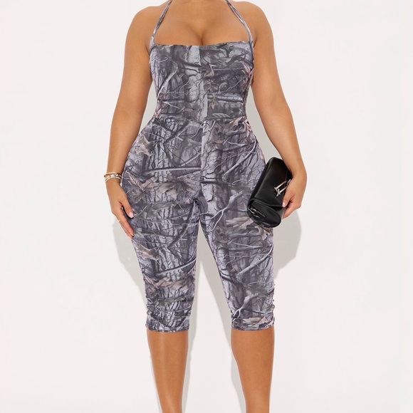 Fashion Nova Pants - Savage Mood Mesh Capri Jumpsuit - Grey/combo - L